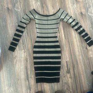 Windsor Bodycon Tan and Black Flattering Dress - shin length